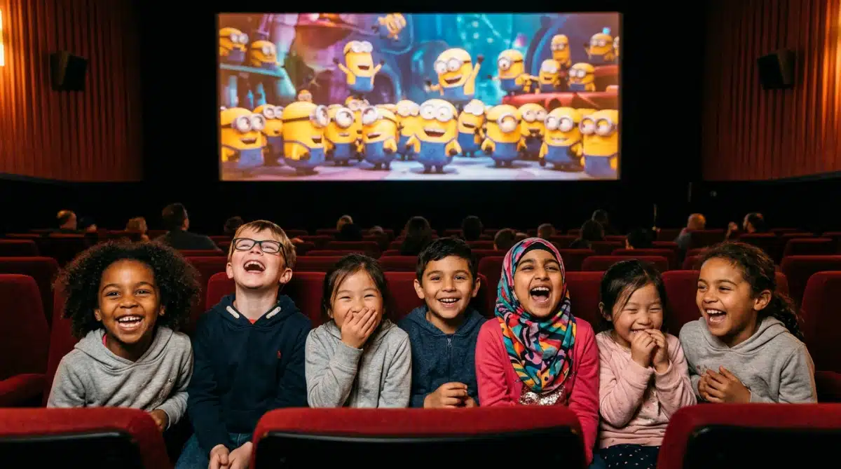 Enfants de tous pays riant devant des petits personnages jaunes