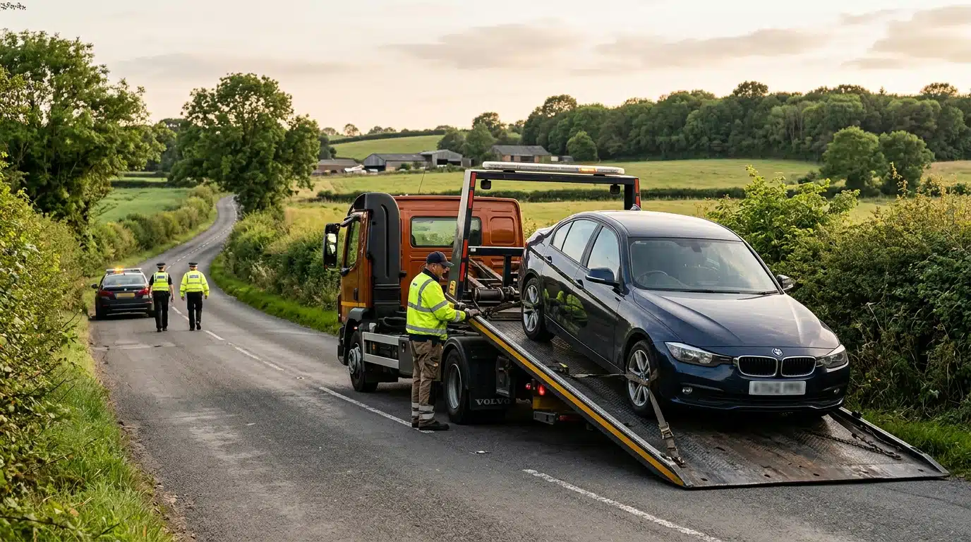 Dépanneuse chargeant une berline au bord d'une route