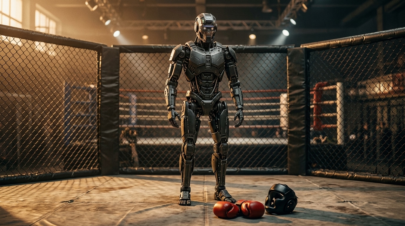 Robot humanoïde dans une cage de combat éclairée
