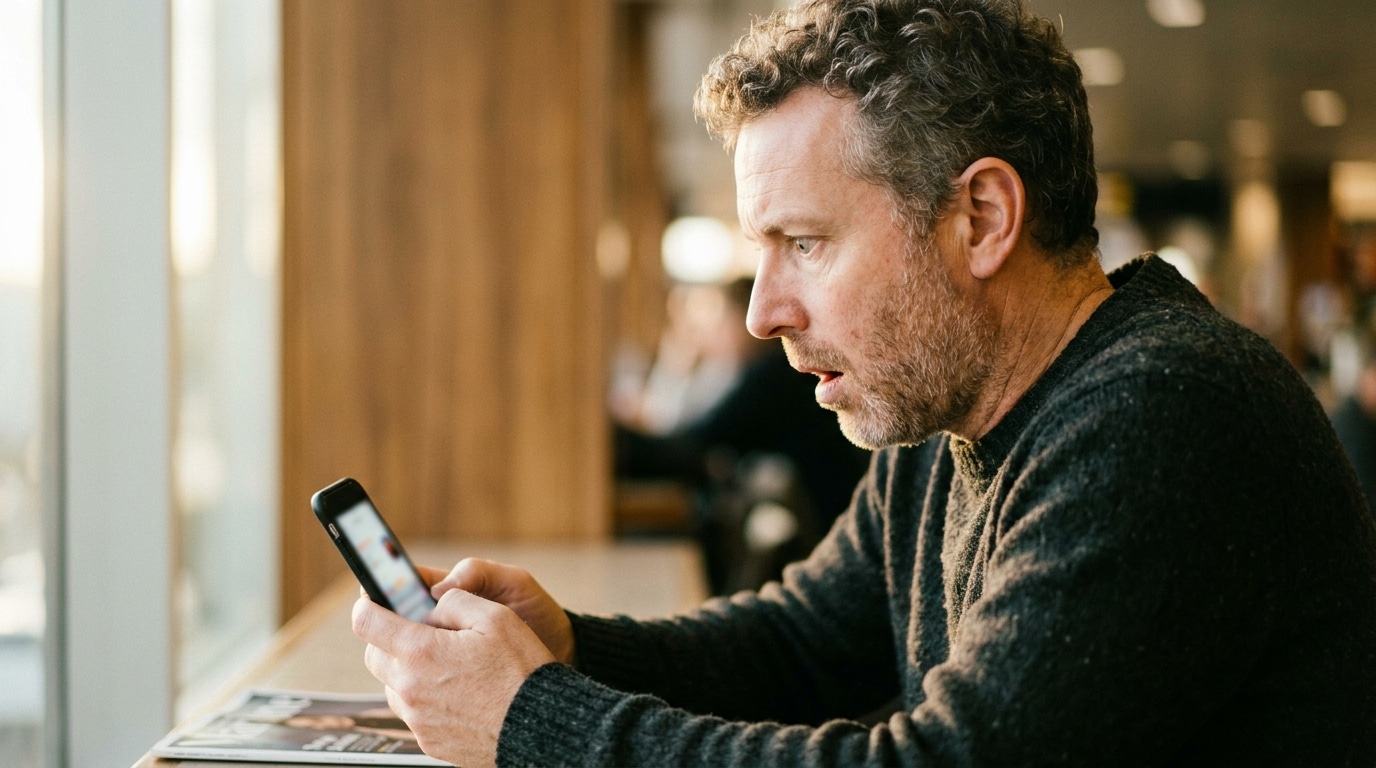 Spectateur stupéfait regardant un téléphone flou