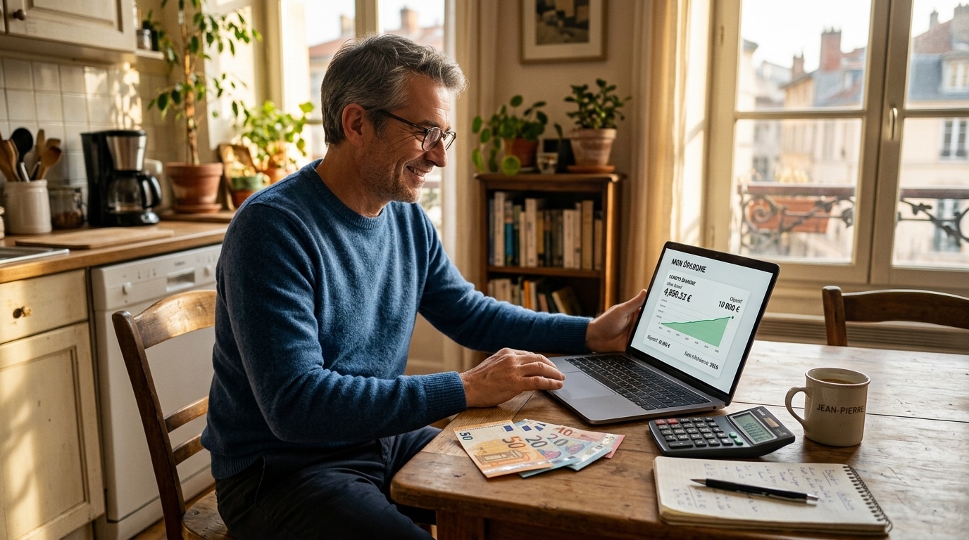 Salarié souriant consultant son épargne salariale sur ordinateur