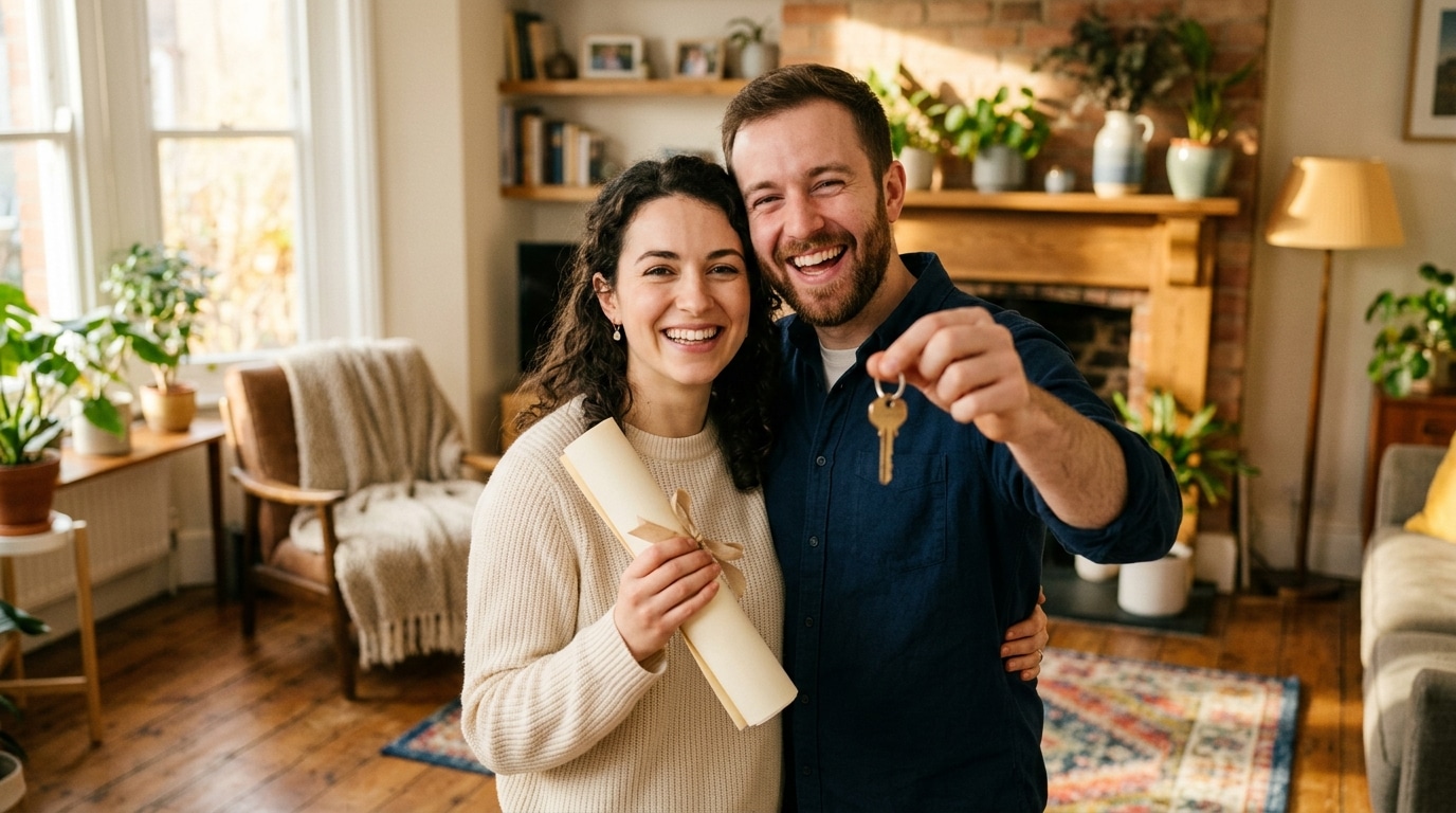 Couple heureux avec acte de mariage et clés de maison