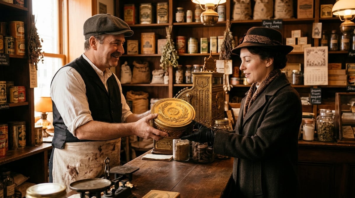 Épicier de 1912 vendant une boîte dorée de biscuits
