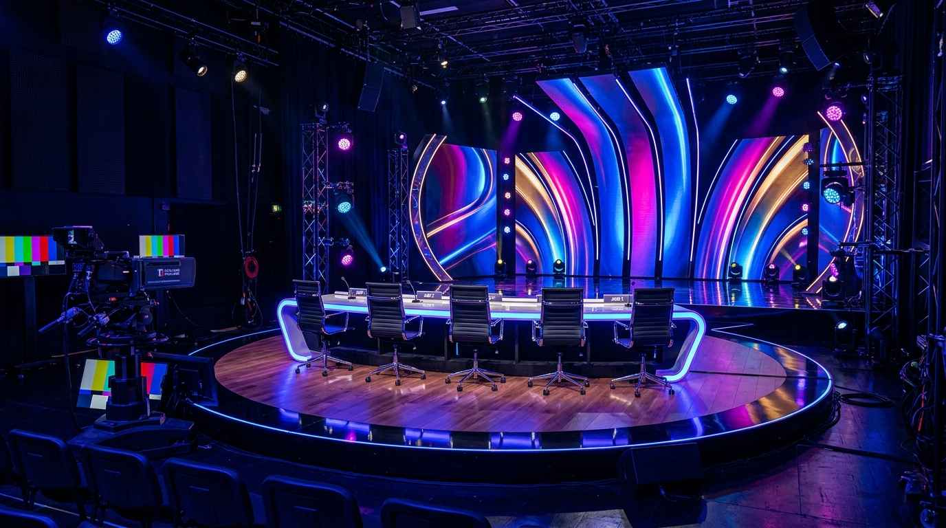 Plateau de télévision vide avec tables de jurés et éclairages colorés, décor d'un tournage de prime time