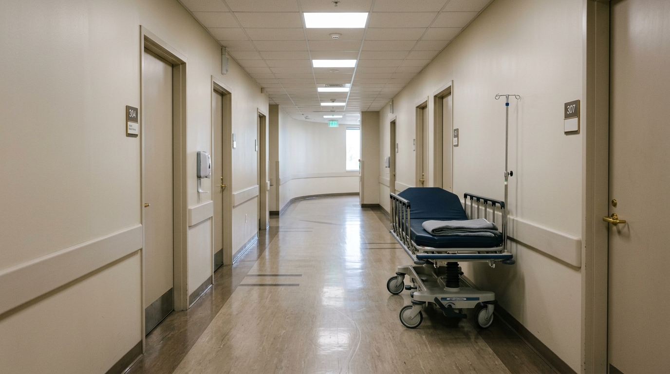 Couloir d'hôpital vide avec un brancard, évoquant l'hospitalisation après la chute sur le tournage