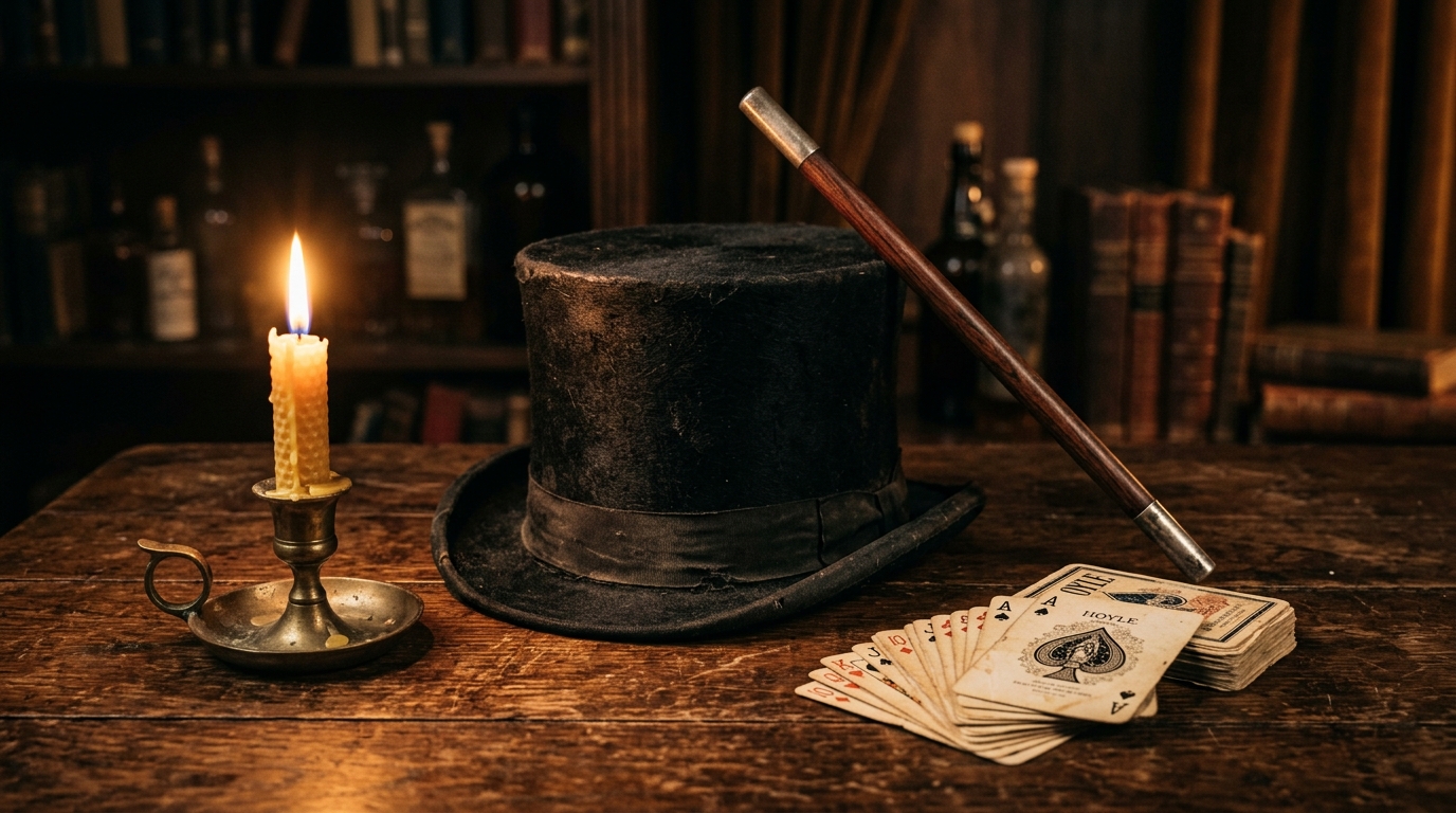 Accessoires de magicien posés sur une table : chapeau haut-de-forme, baguette et cartes, symbole de l'univers de la magie