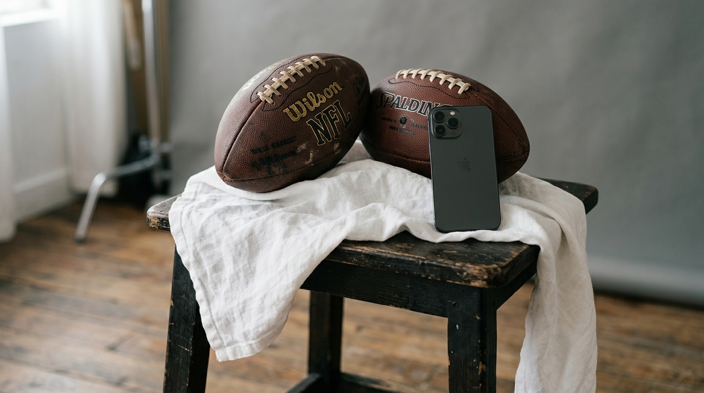Deux ballons de football américain, un tissu blanc et un smartphone posés sur un tabouret de studio