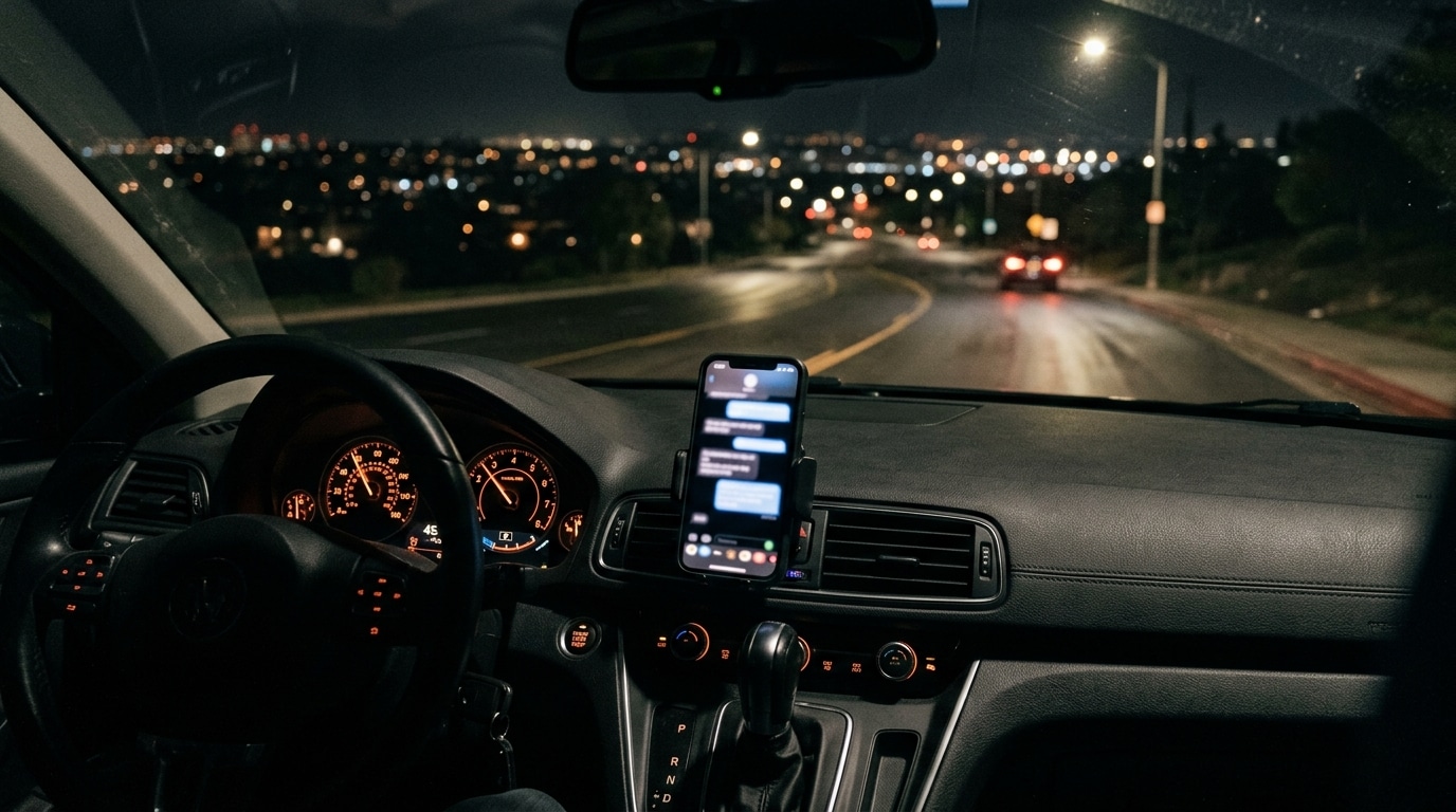 Smartphone sur tableau de bord de voiture la nuit