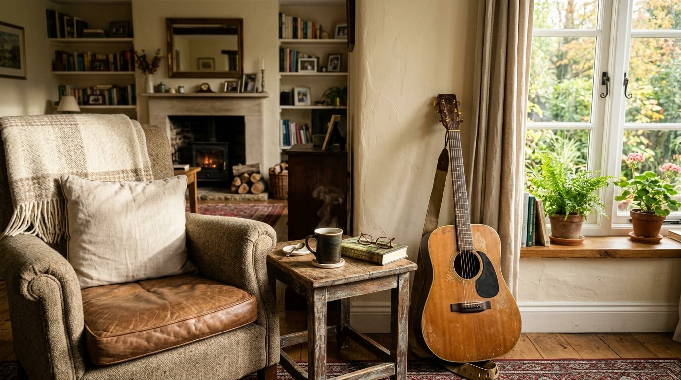 Salon chaleureux avec guitare et tasse de thé