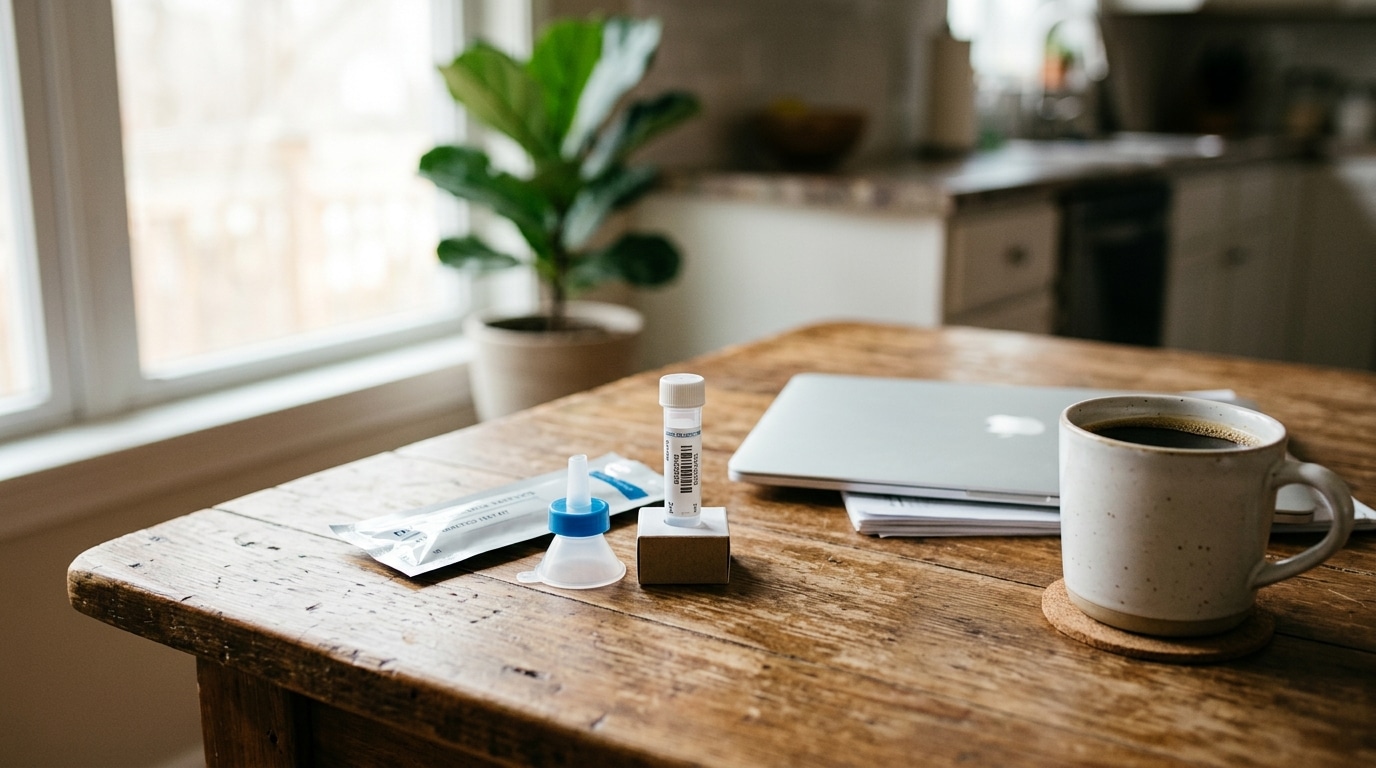 Kit de test ADN posé sur une table de cuisine