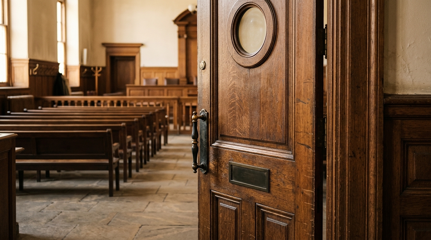 Lourde porte de salle d'audience qui se referme