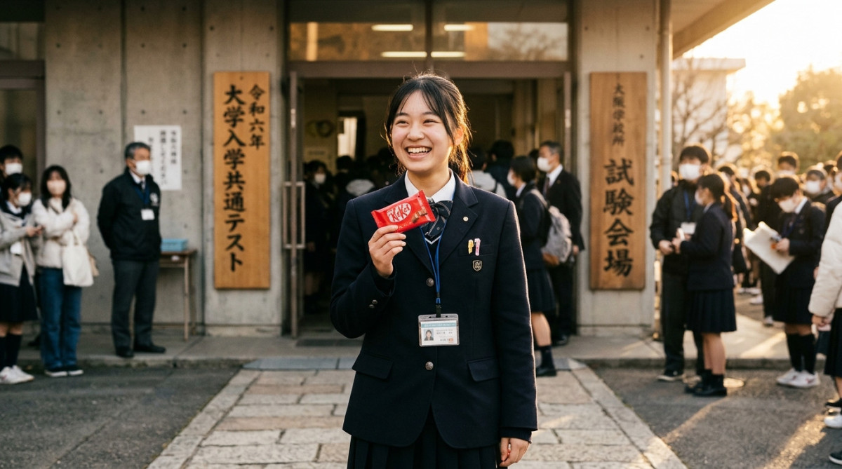 Étudiant japonais souriant tenant une barre chocolatée avant son examen