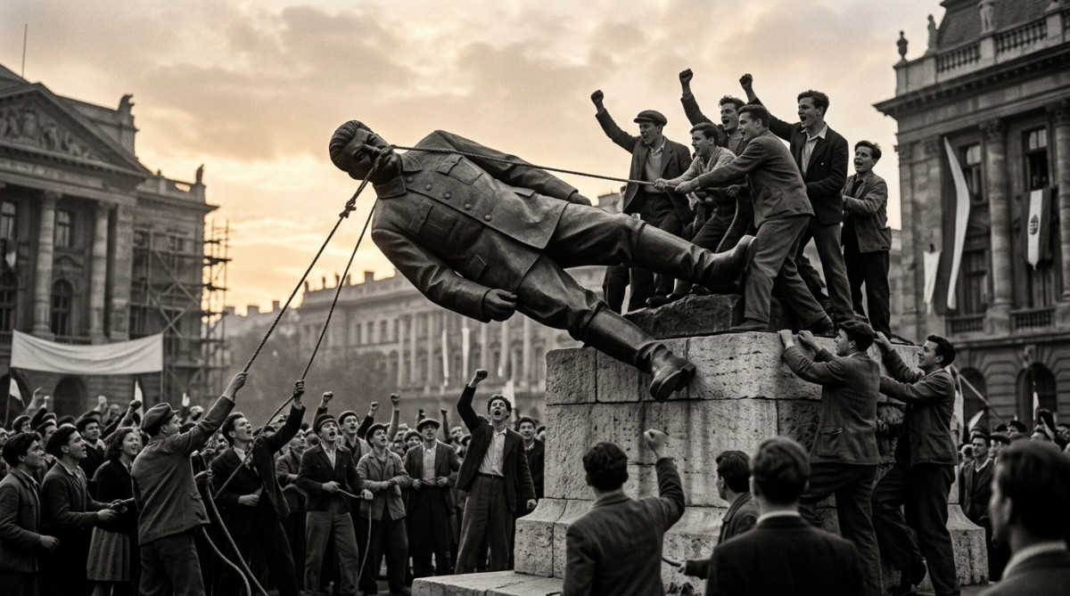 Étudiants hongrois renversant la statue de Staline à Budapest