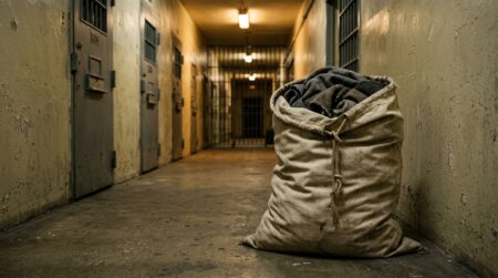 Gros sac à linge dans un couloir de prison