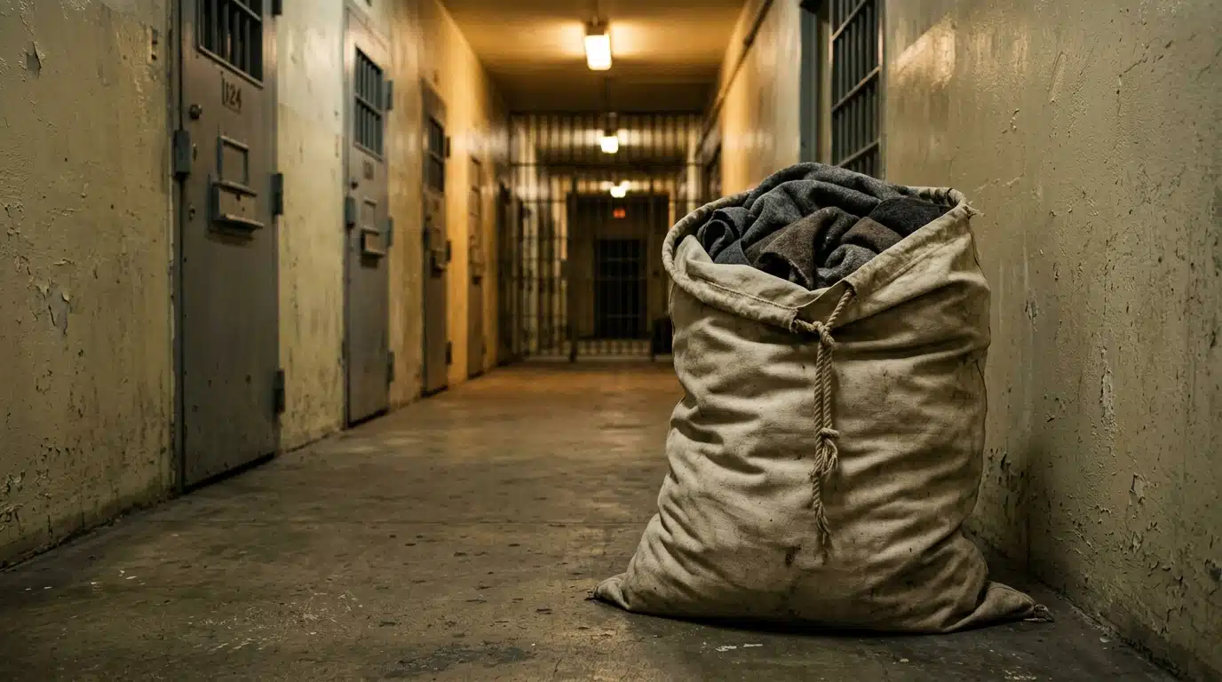 Gros sac à linge dans un couloir de prison