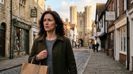 Passant inquiet dans une rue anglaise près d'un château