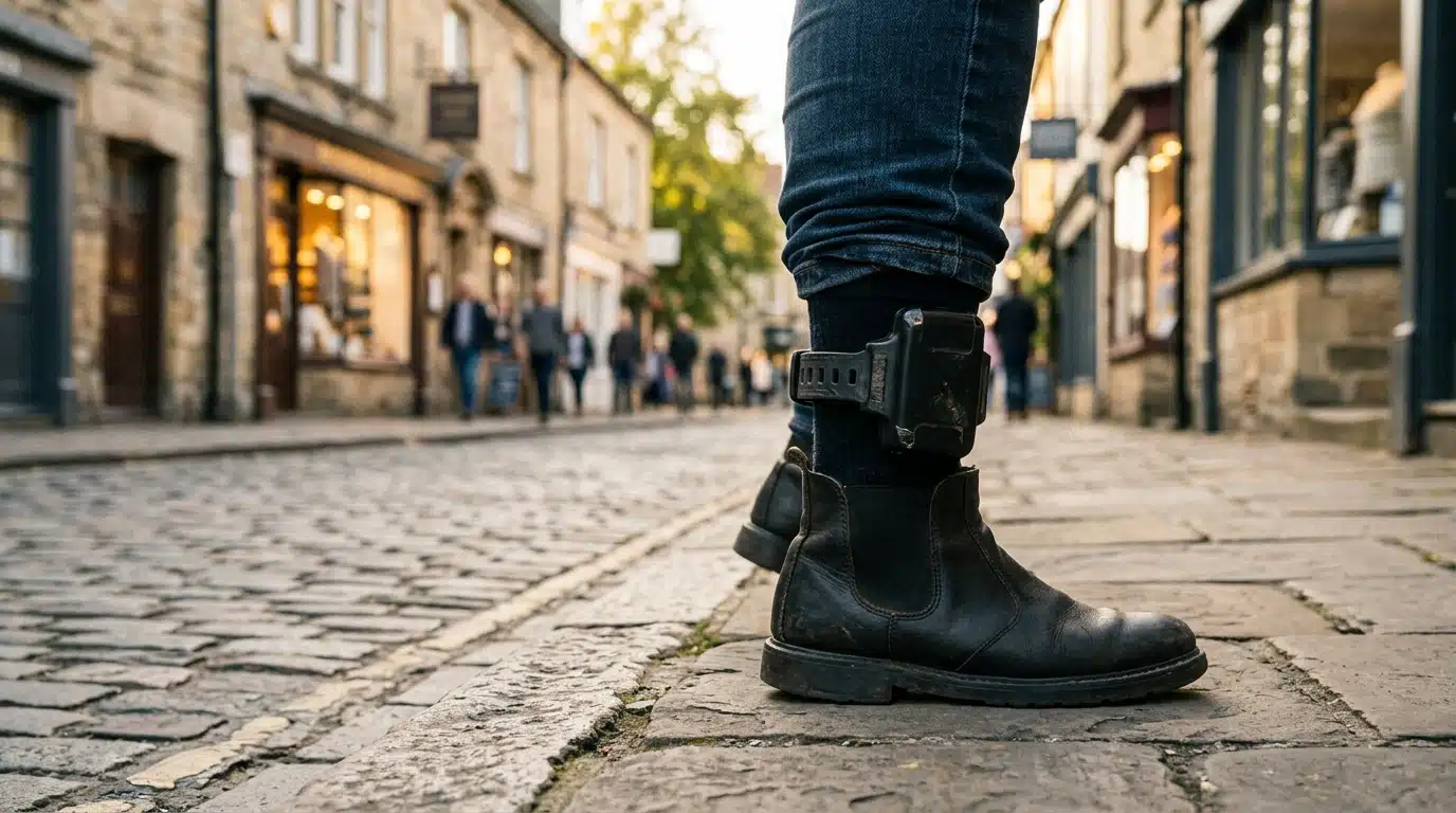 Bracelet électronique à la cheville sur un trottoir