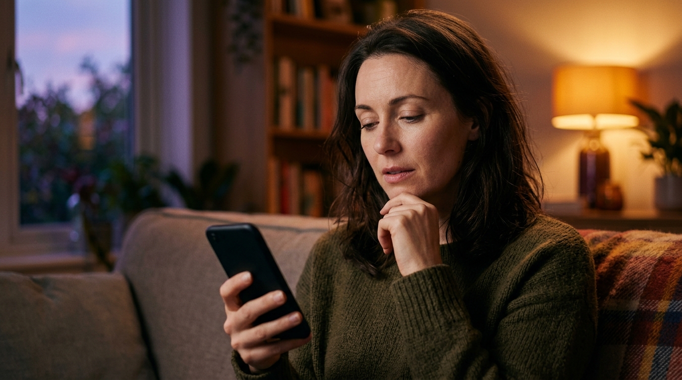 Personne pensive regardant son téléphone en soirée