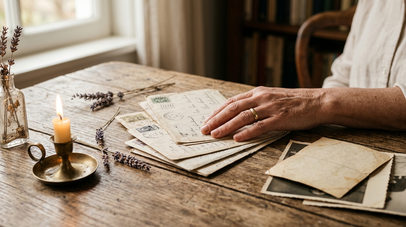 Vieilles lettres, photos retournées et bougie sur table en bois