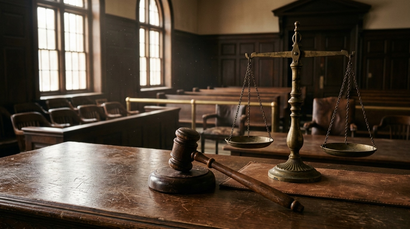Marteau de juge et balance de justice sur table en bois