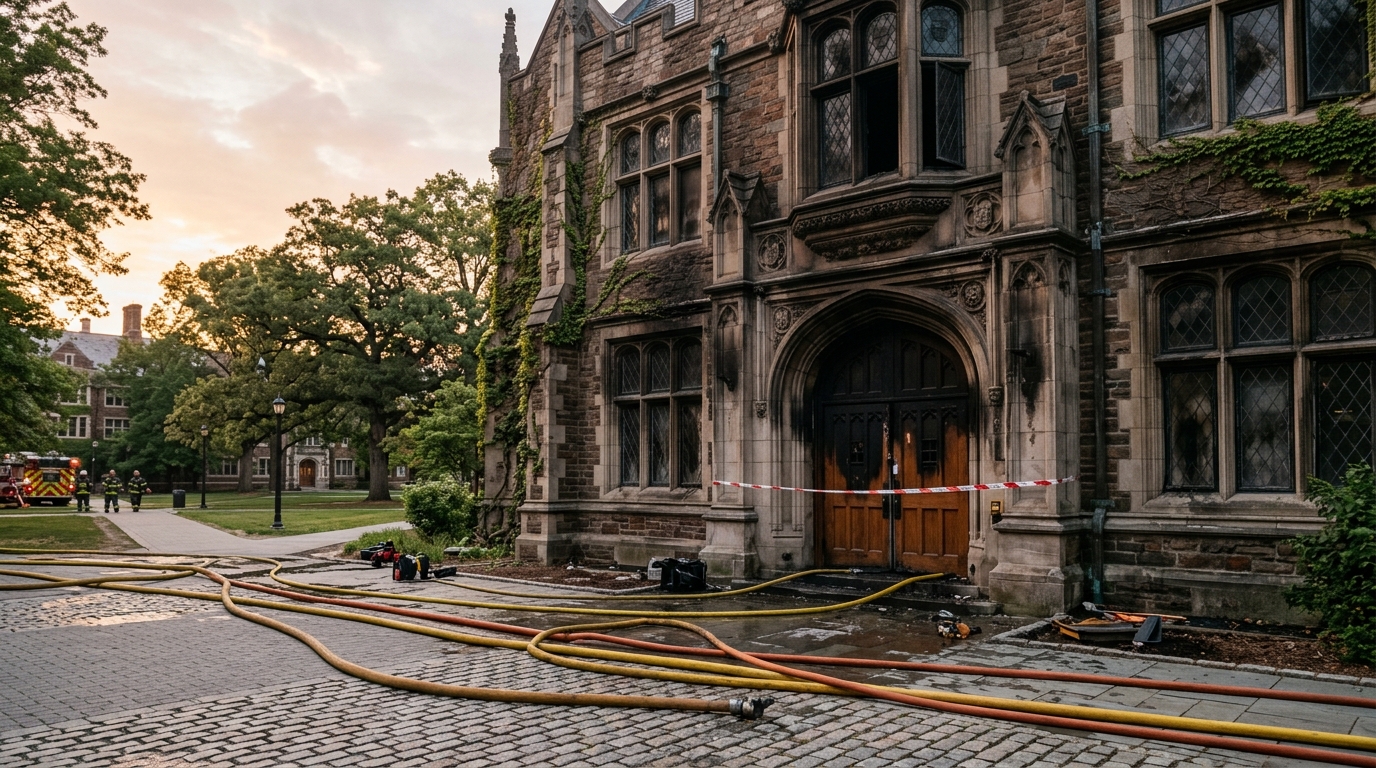 Façade d'un bâtiment universitaire noircie par la fumée après un incendie