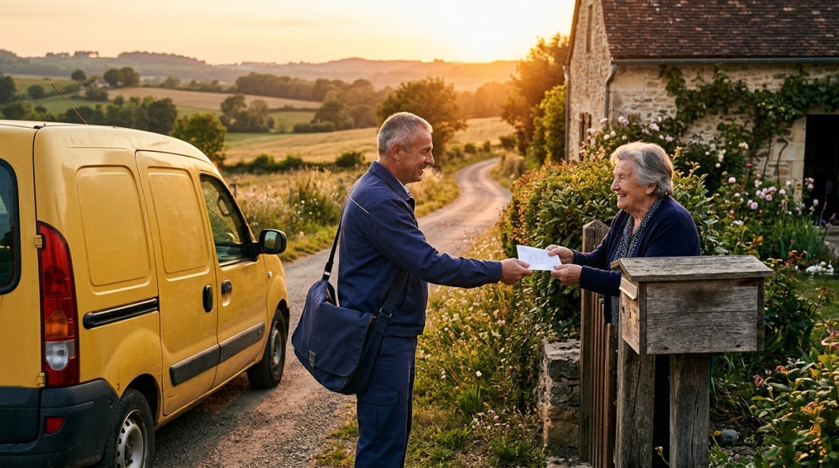 Facteur remettant une lettre dans un village de campagne