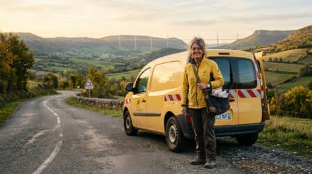 Factrice rurale devant sa voiture de service dans l'Aveyron