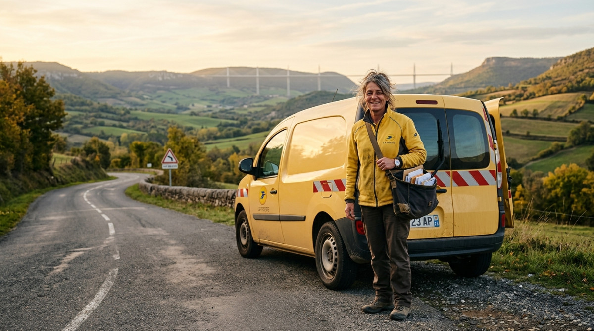 Factrice rurale devant sa voiture de service dans l'Aveyron