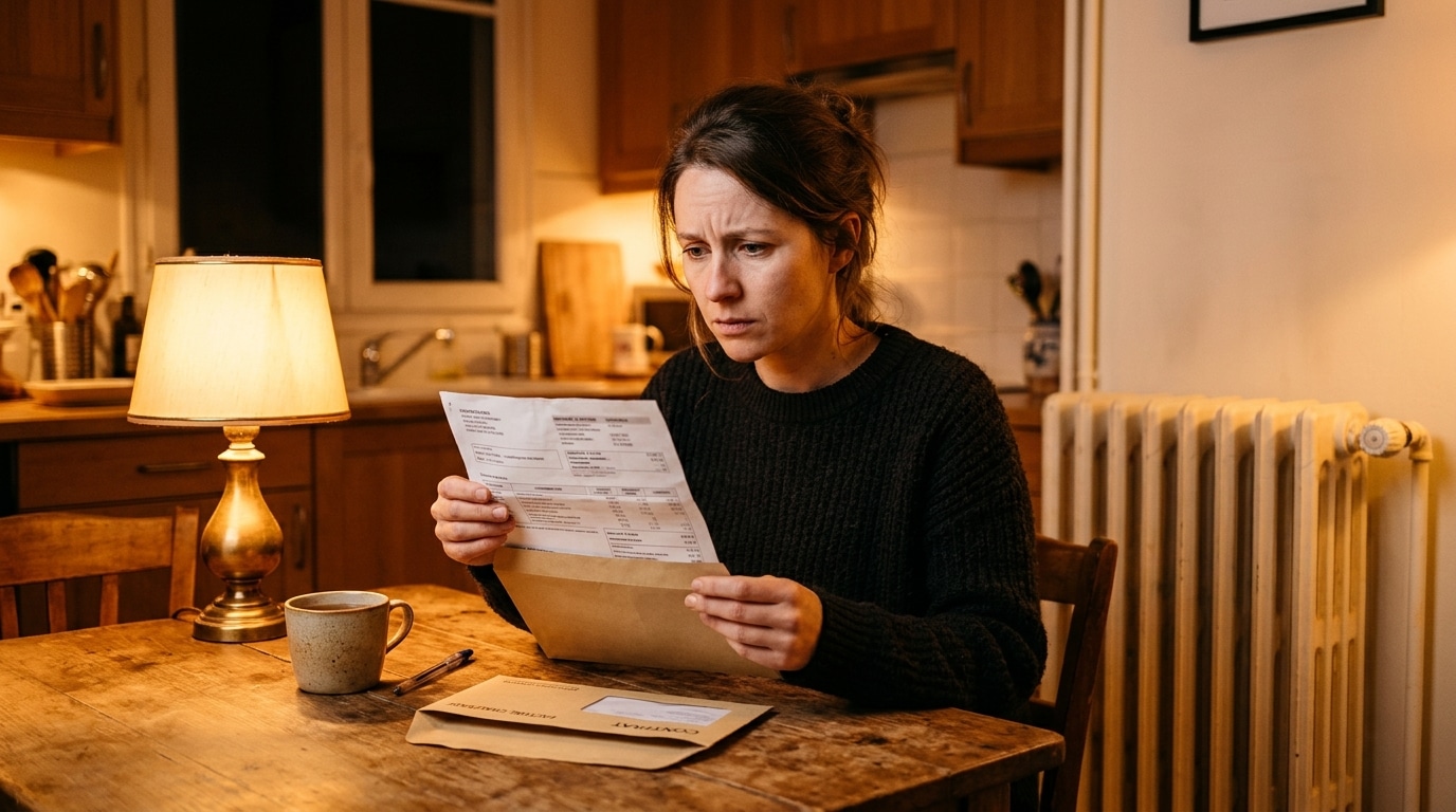Femme inquiète devant sa facture de chauffage