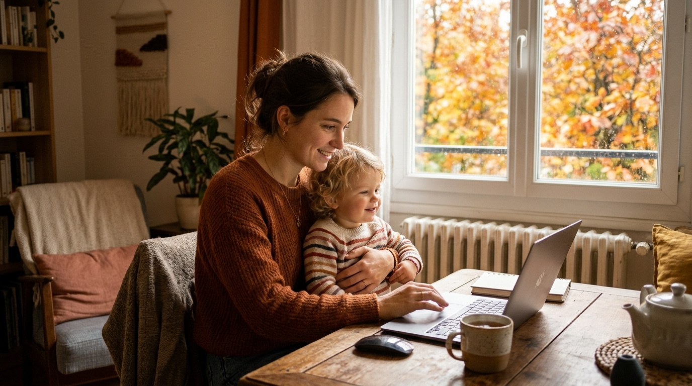 Mère de famille vérifiant ses droits sur ordinateur
