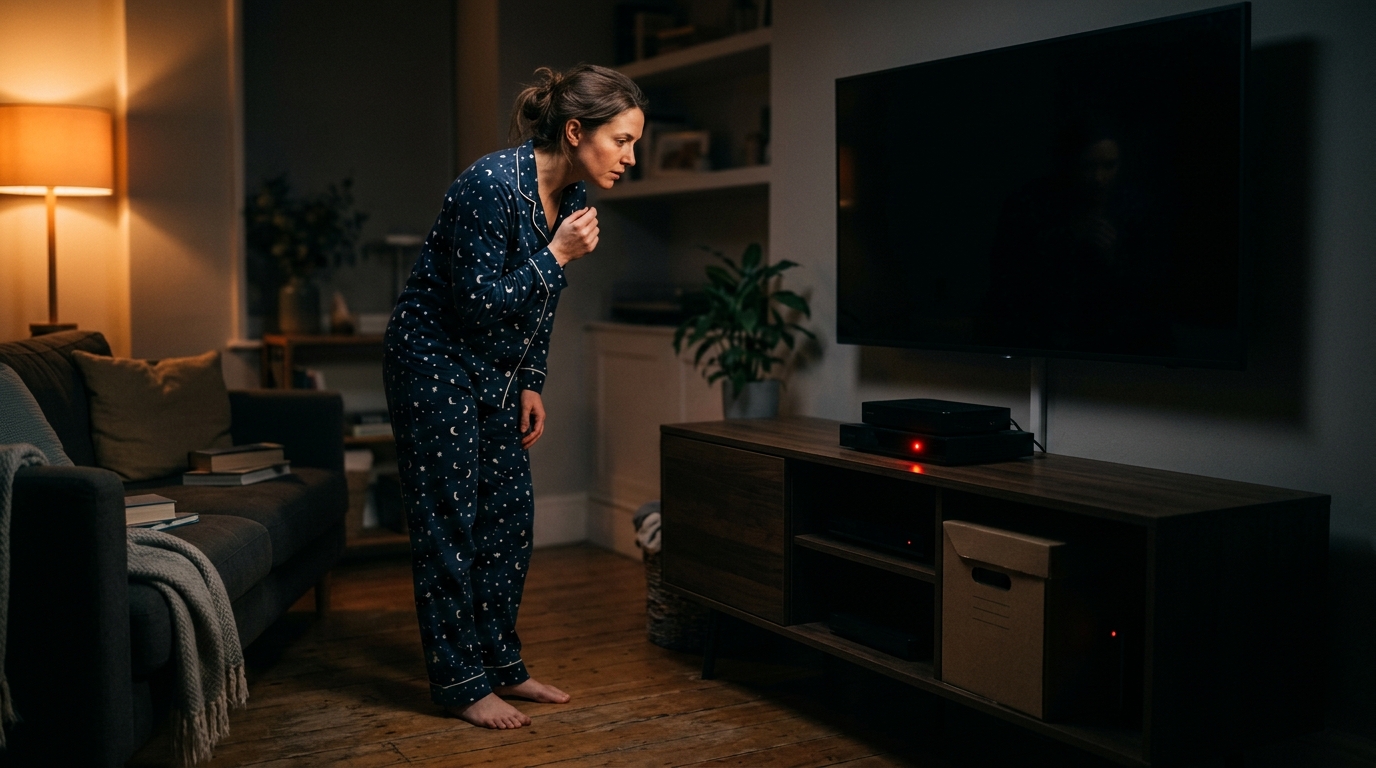 Femme observant les voyants de veille de la box et du décodeur