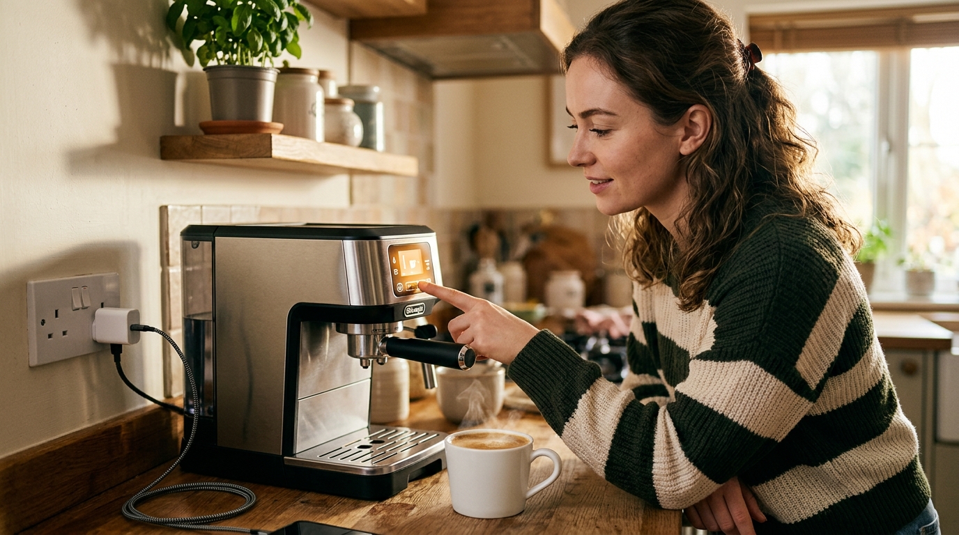Femme dans sa cuisine devant sa machine à café et un chargeur branché