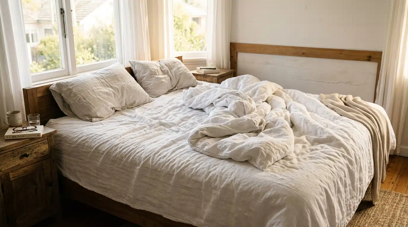 Lit défait dans une chambre lumineuse au petit matin