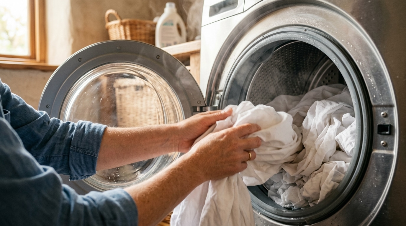 Draps blancs chargés dans le tambour d'un lave-linge