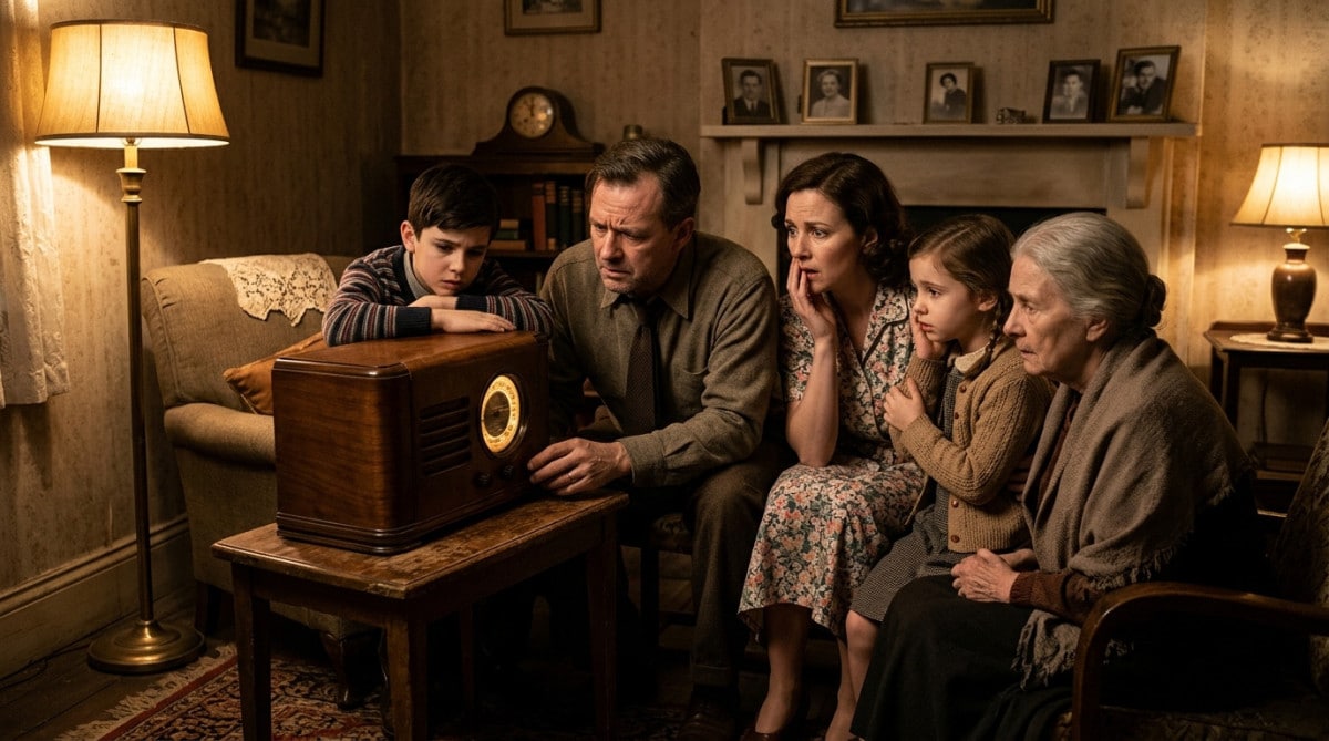 Famille américaine écoutant la radio en 1938