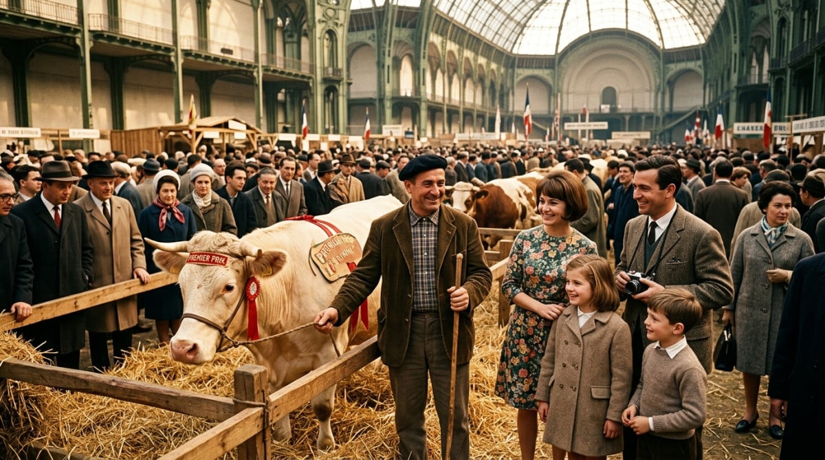 Famille devant une vache primée au Salon des années 1960