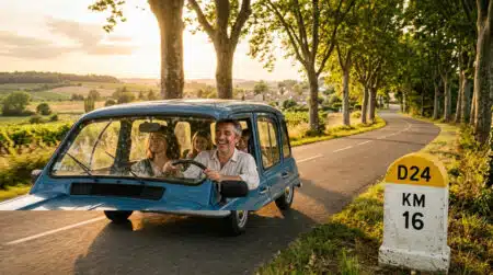 Famille en voiture devant une borne kilométrique à sommet jaune