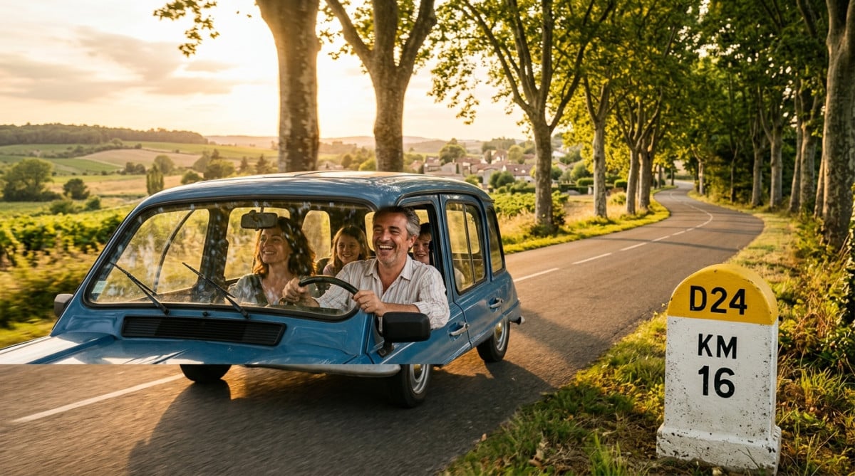Famille en voiture devant une borne kilométrique à sommet jaune