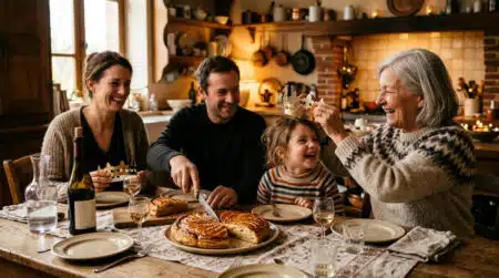 Famille française coupant la galette des rois en cuisine