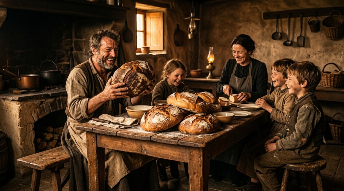 Famille française de 1900 autour d'un grand pain