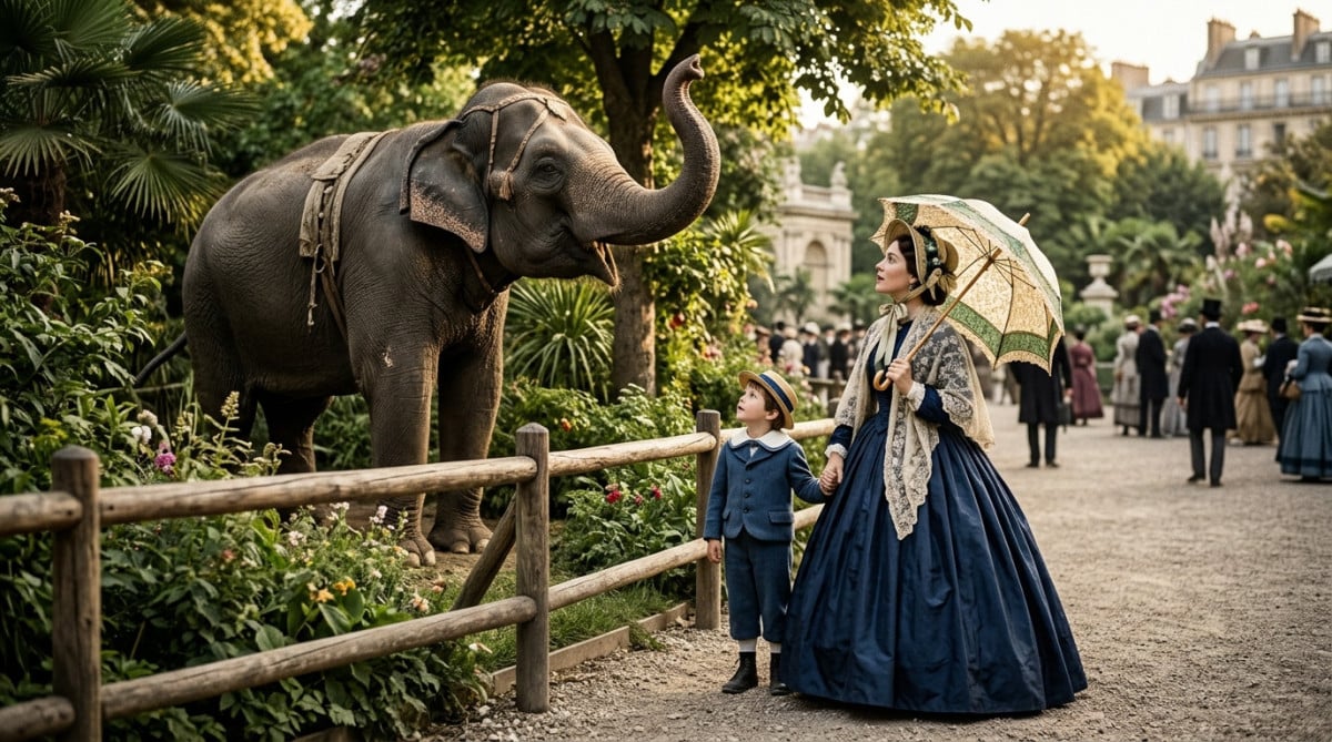 Famille parisienne devant un éléphant au Jardin d'Acclimatation en 1860