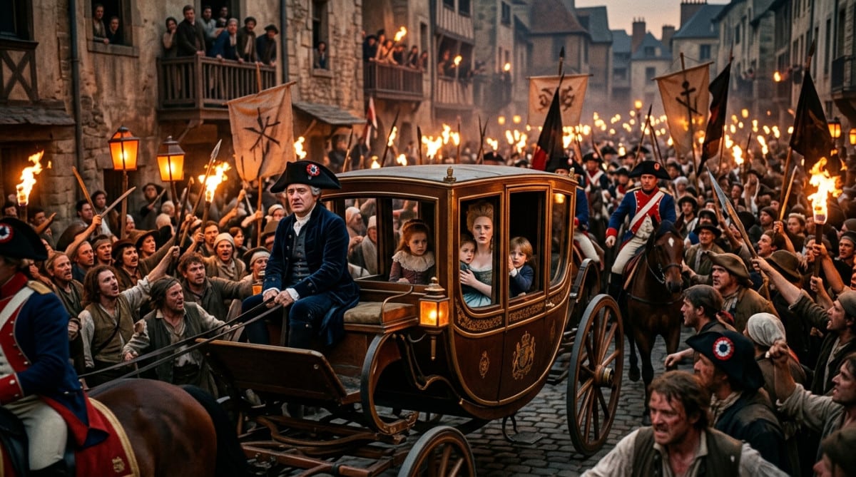 Famille royale escortée par la foule dans les rues de Paris