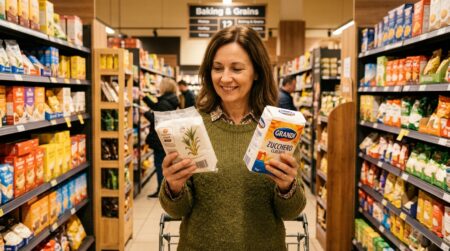 Femme comparant deux paquets de sucre au supermarché