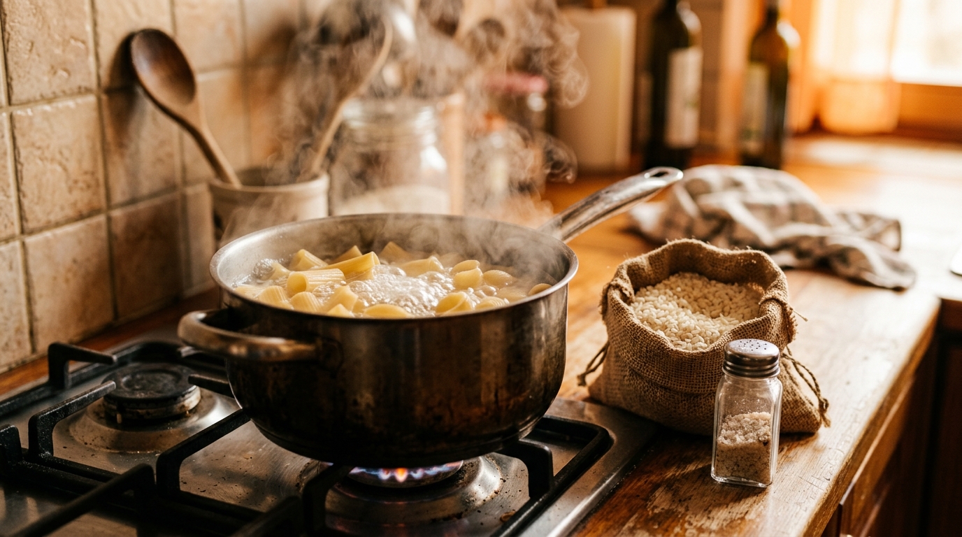 Pâtes, riz et sel sur un plan de travail de cuisine