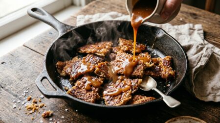 Crêpe épaisse cassée nappée de caramel au beurre salé