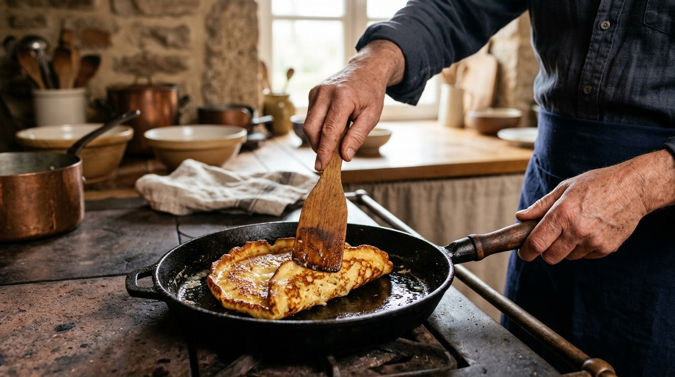 Mains cassant une galette dorée avec une spatule en bois