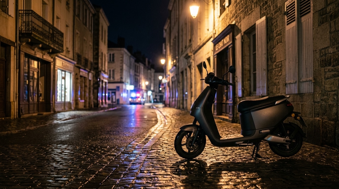 Trottinette électrique garée dans une rue nocturne éclairée
