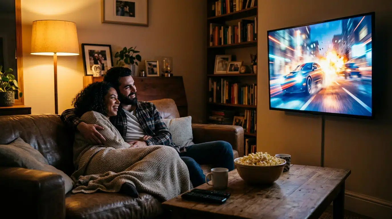 Un couple regarde un film d'action à la télévision