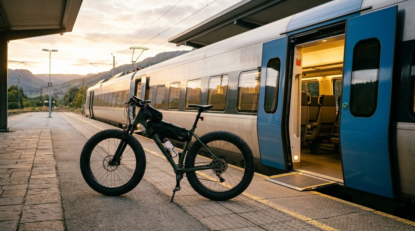 Fatbike aux pneus larges seul sur un quai de gare