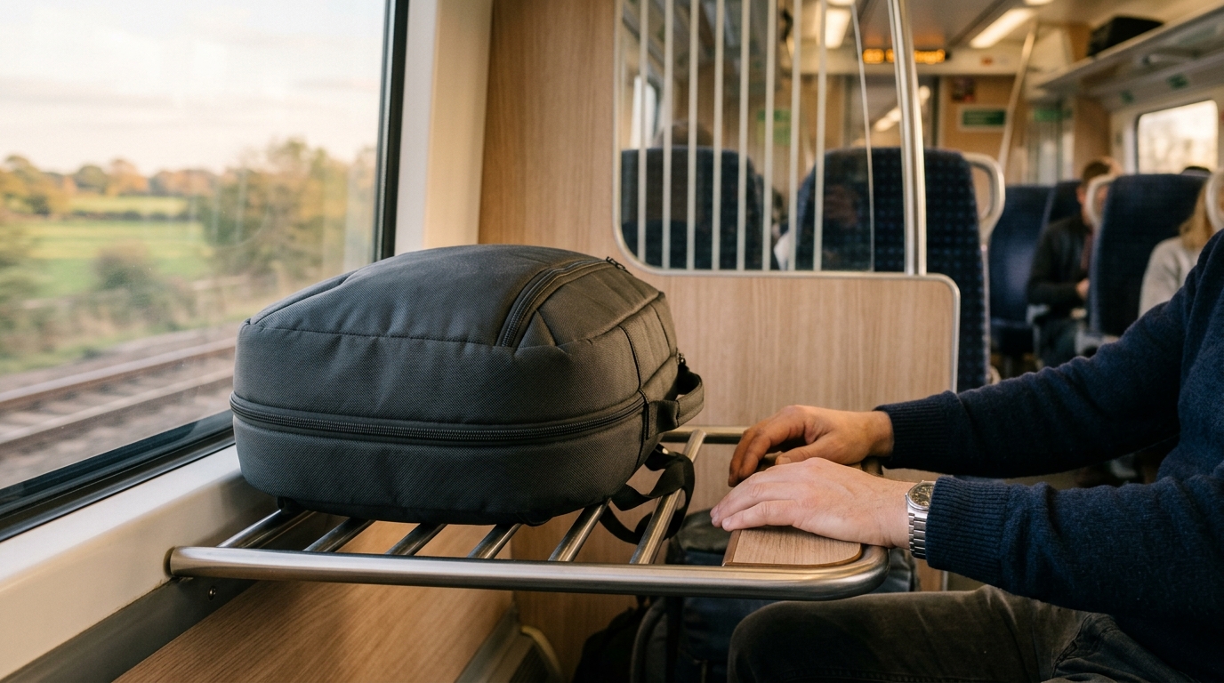 Vélo pliant rangé dans sa housse sur un porte-bagages de train